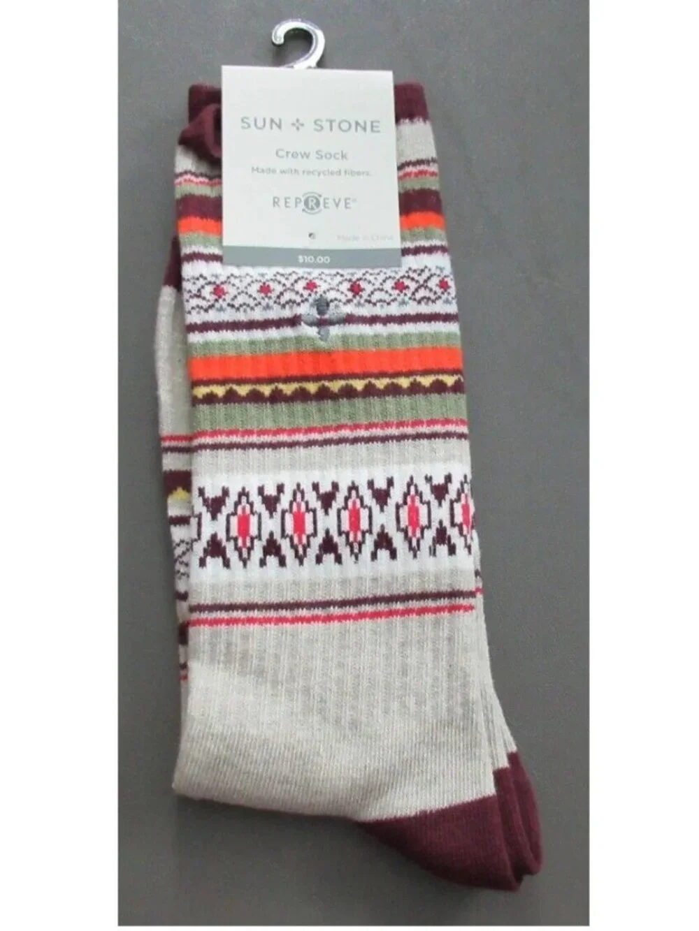Sun + Stone Men's 1-Pair Crew Socks, Multicolor Stripe, Shoe Size 7-12